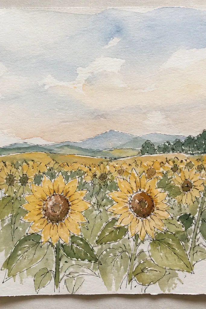 Pastel watercolor sky above crisp pencil sunflowers