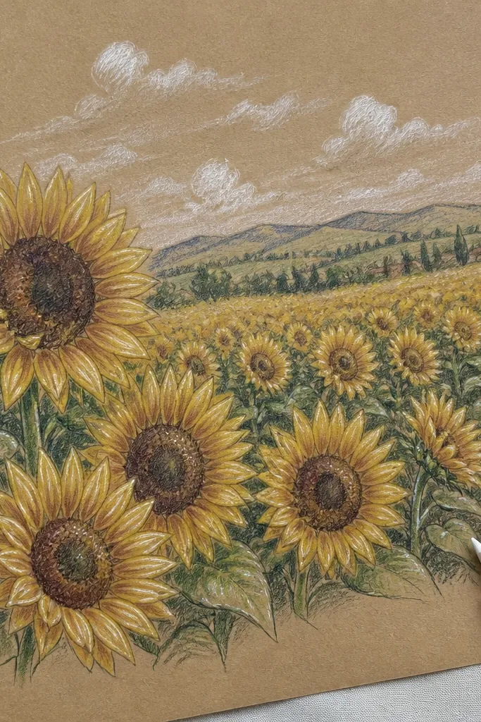 Sunflowers drawn with ink and white highlights on kraft paper