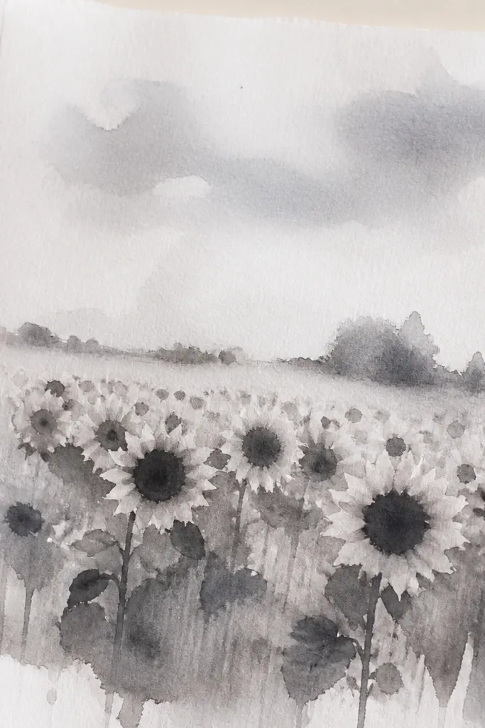 Charcoal sunflower field with soft gradients and dark centers