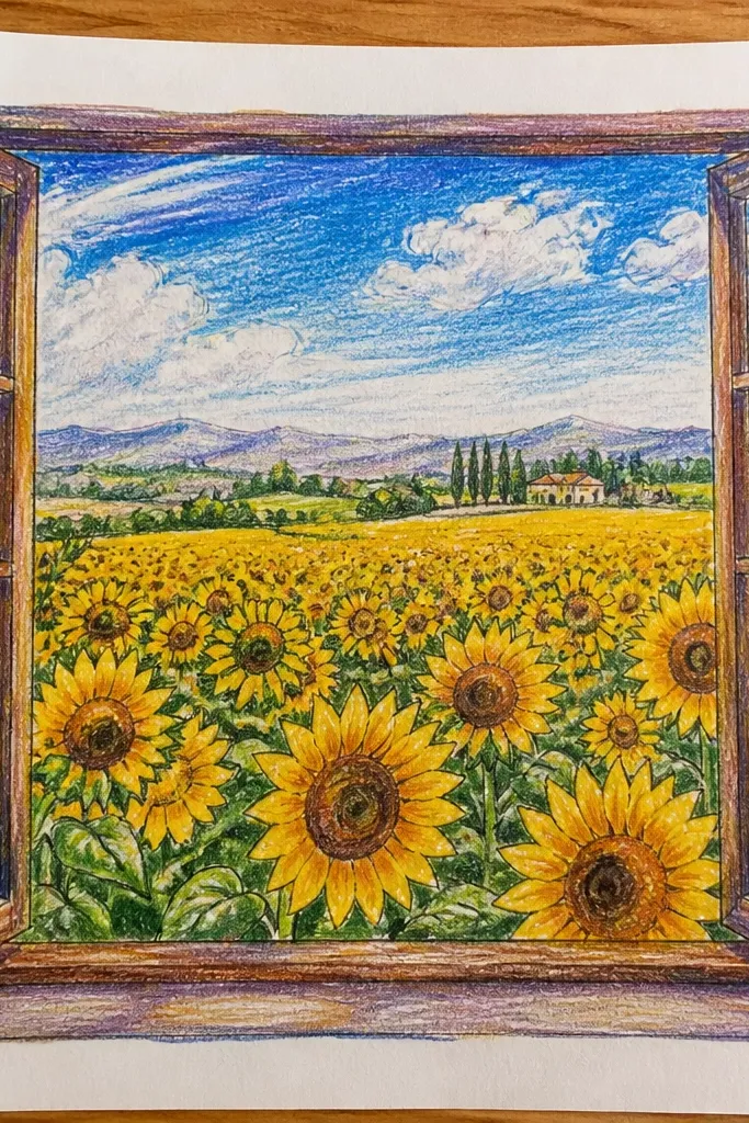 Sunflowers seen through a rectangular window frame