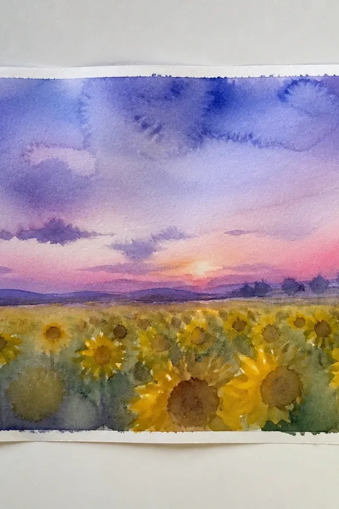 Sunflowers at dusk with a purple-blue sky gradient