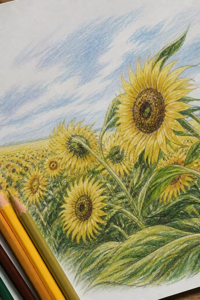 Sunflowers with wind-curved stems and soft motion lines