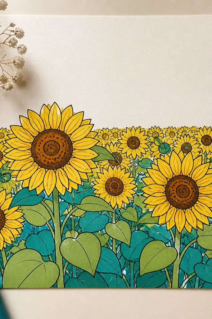 Sunflower field with teal leaf shadows and two-tone leaves