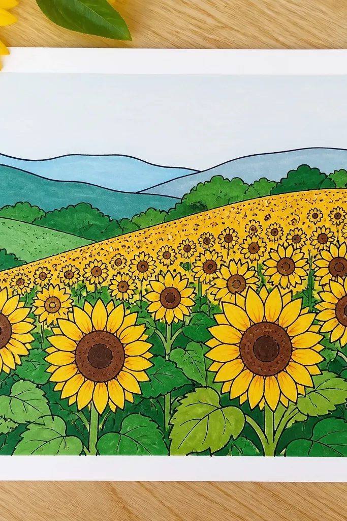 Sunflowers on rolling hills with layered silhouettes and soft horizon