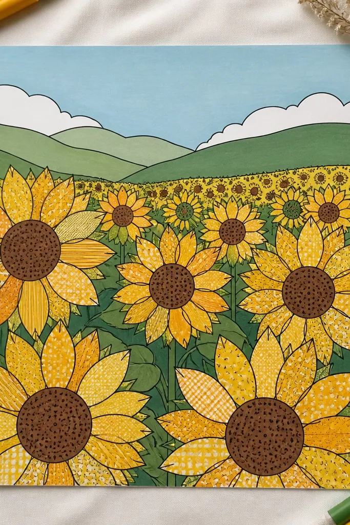 Sunflower field where petals have subtle repeating patterns