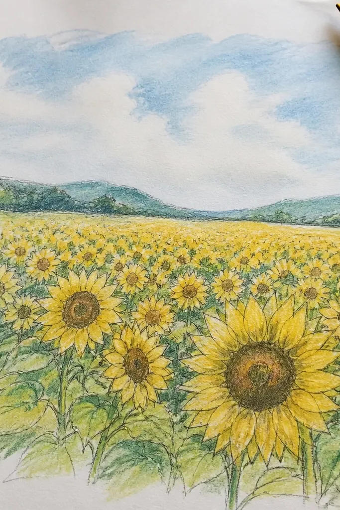 Minimal line-art sunflowers with watercolor smudges in the sky