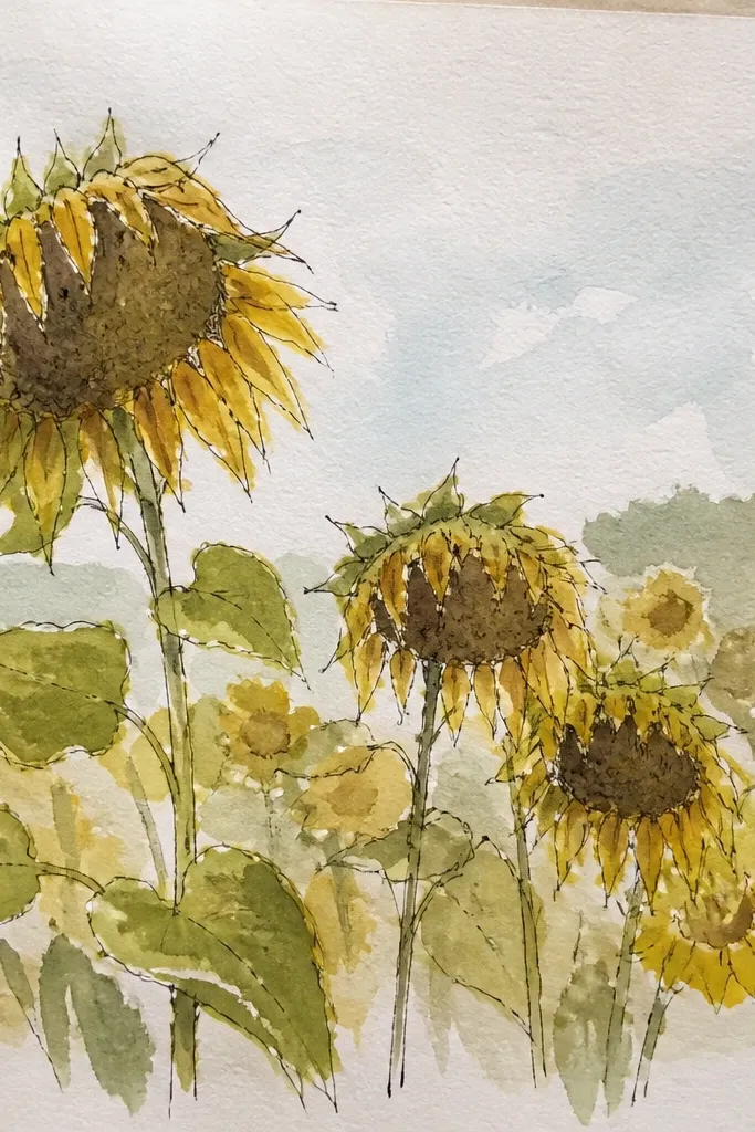 Sunflowers with seed heads and layered blur in the background