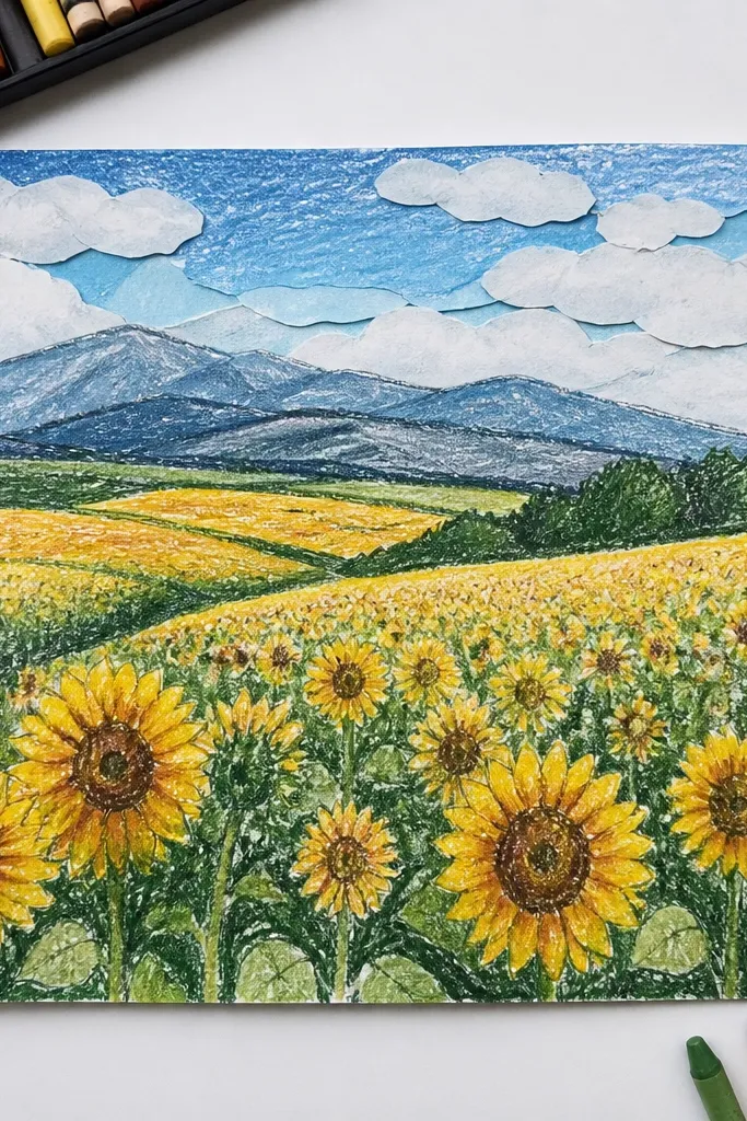 Sunflowers with a collage sky made from layered paper shapes