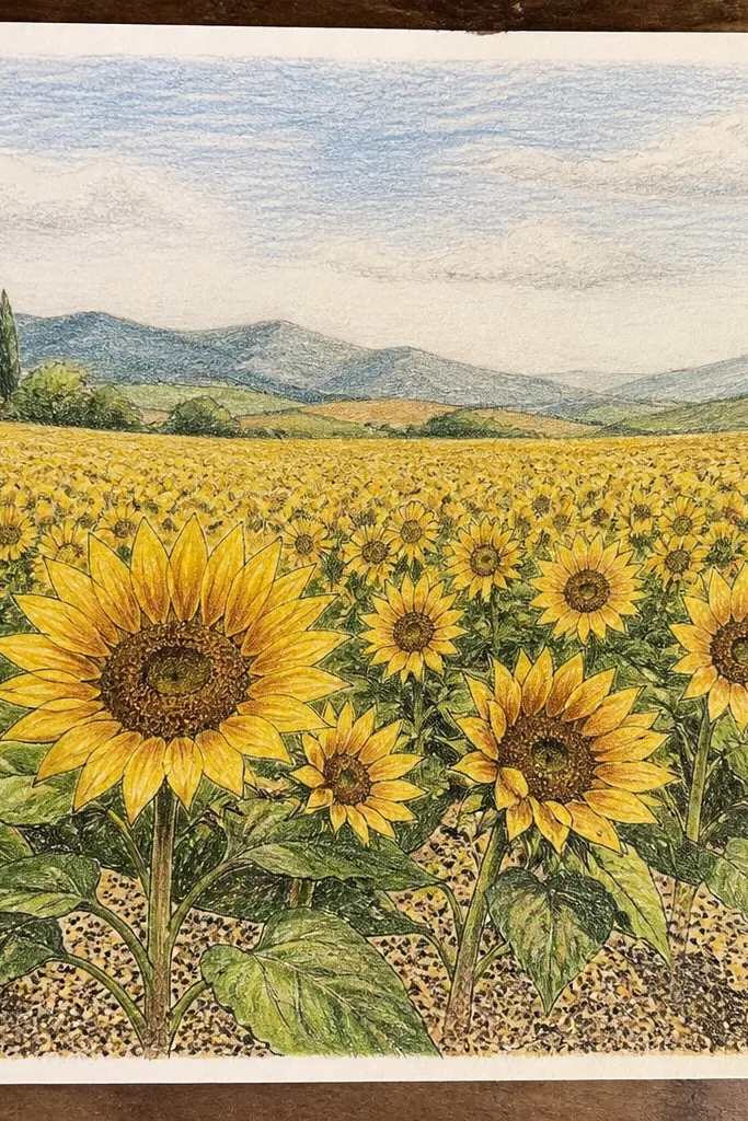 Sunflowers on a stippled ground with ink texture