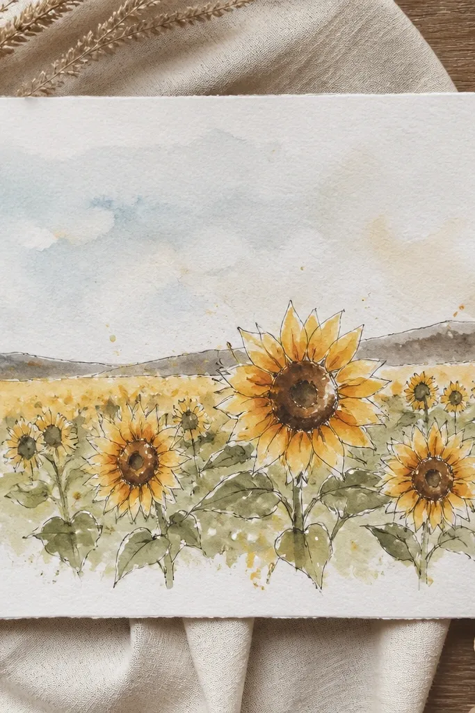 Sunflowers with subtle watercolor splatter light effects
