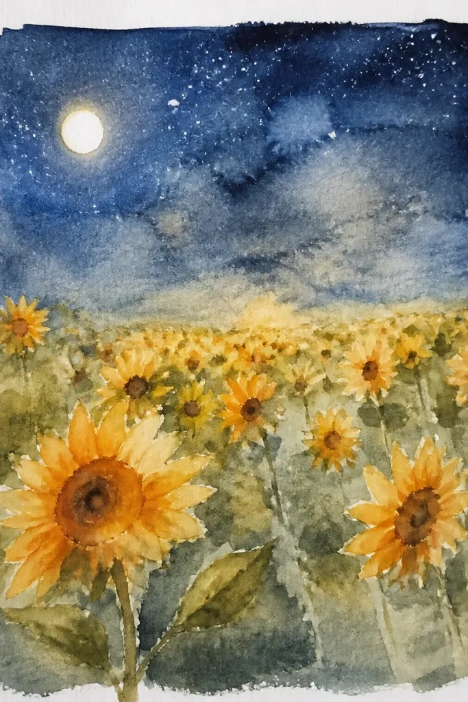 Sunflowers under a starry night sky with moonlit glow