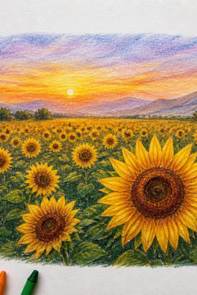 Sunflowers with sunrise haze and a gentle dark vignette