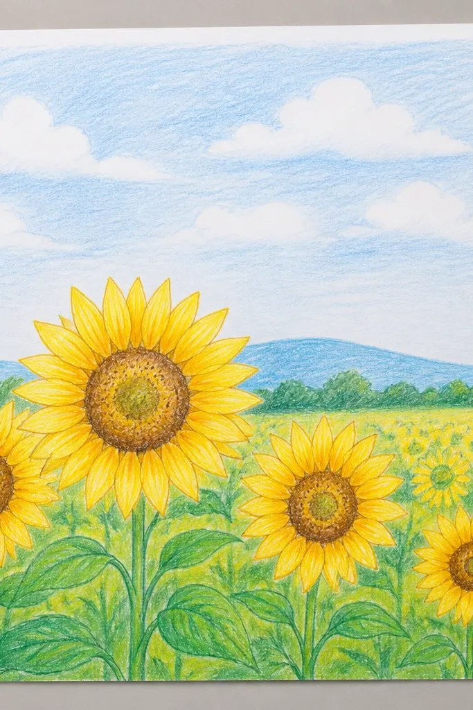 Sunflowers with small hand-lettered words in the sky