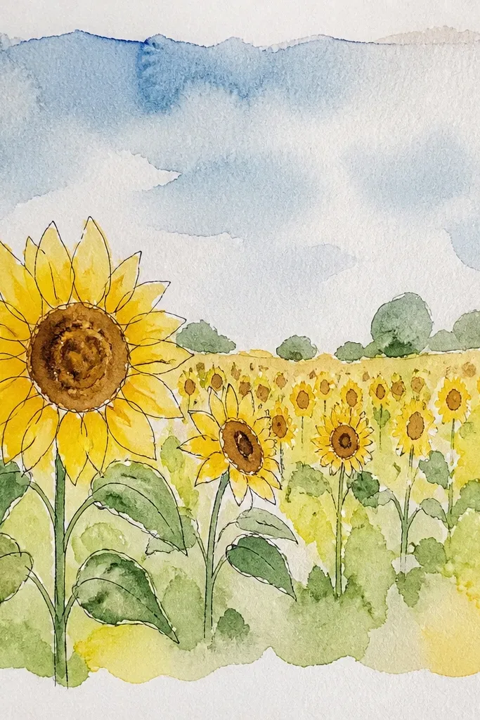 Sunflowers inside a watercolor wash border