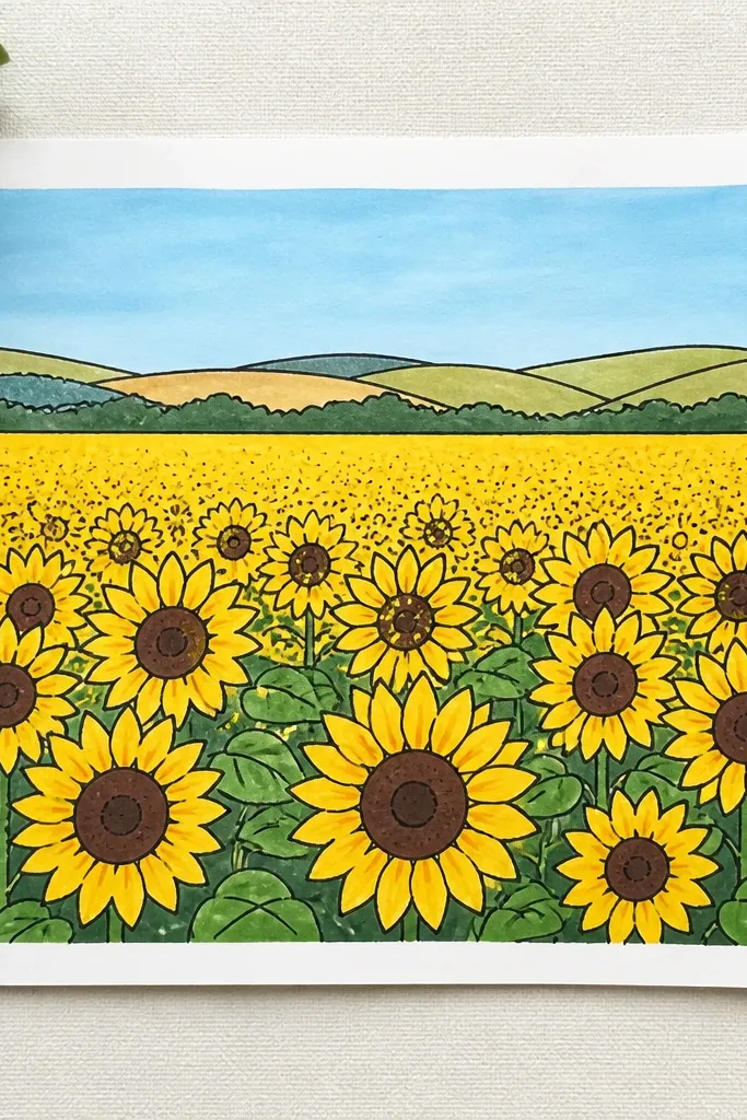 Sunflowers with a patterned strip across the horizon