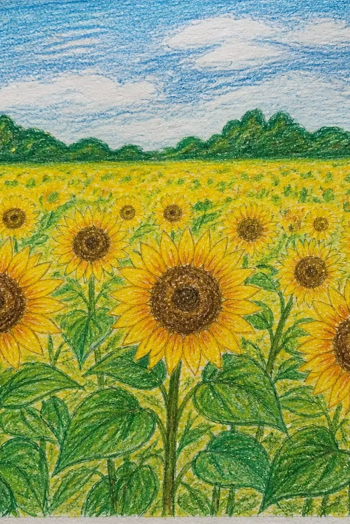 Sunflower field with pencil shading and pastel glow highlights