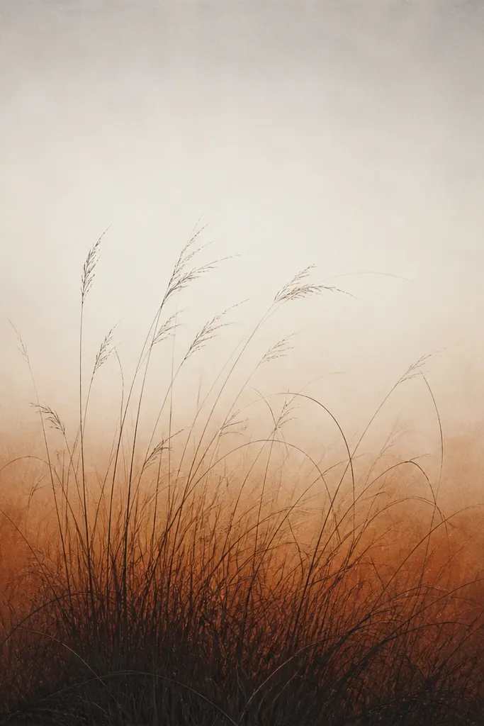 A vertical drawing with a dark, clumped grass mass at the bottom, warm burnt sienna shading behind it, and long pencil blades fading to a pale horizon.