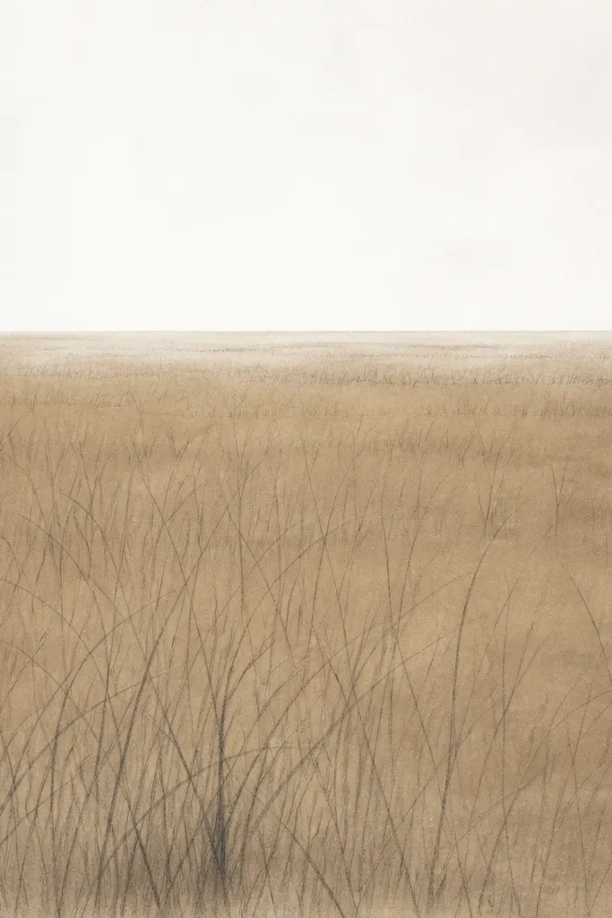 A sky-white page with a soft raw umber band across the middle, then pencil grass blades that thin out dramatically toward a crisp, pale horizon line.