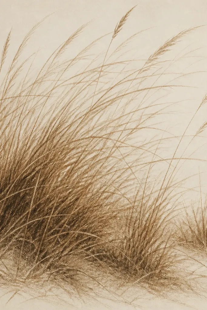 A warm brown grass drawing where clumps are drawn in two pencil values: darker masses at the base and lighter, dry strokes above, with a pale background.