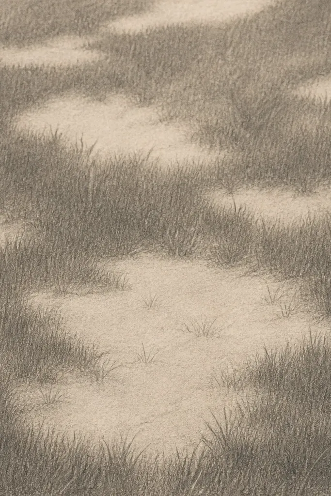 A warm grass scene with soft, irregular pale patches inside darker grass, created by lifting graphite, plus fine pencil blades around the lifted areas.