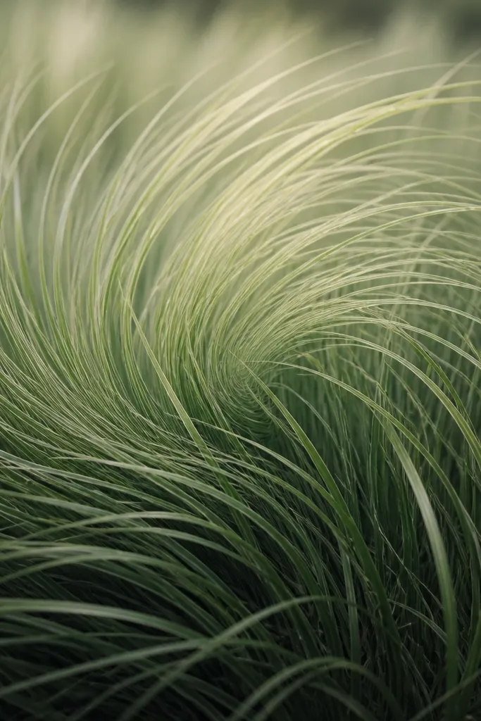 Grass blades curve in a gentle spiral motion from the bottom center, with lighter, longer blades near the center and darker clumps at the base.