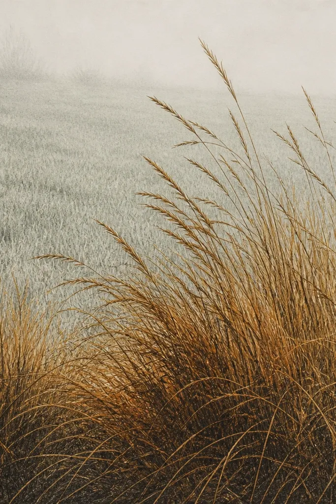 A warm autumn grass drawing where the background grass is tinted gray-green and the foreground is warmer brown pencil with darker clumps.