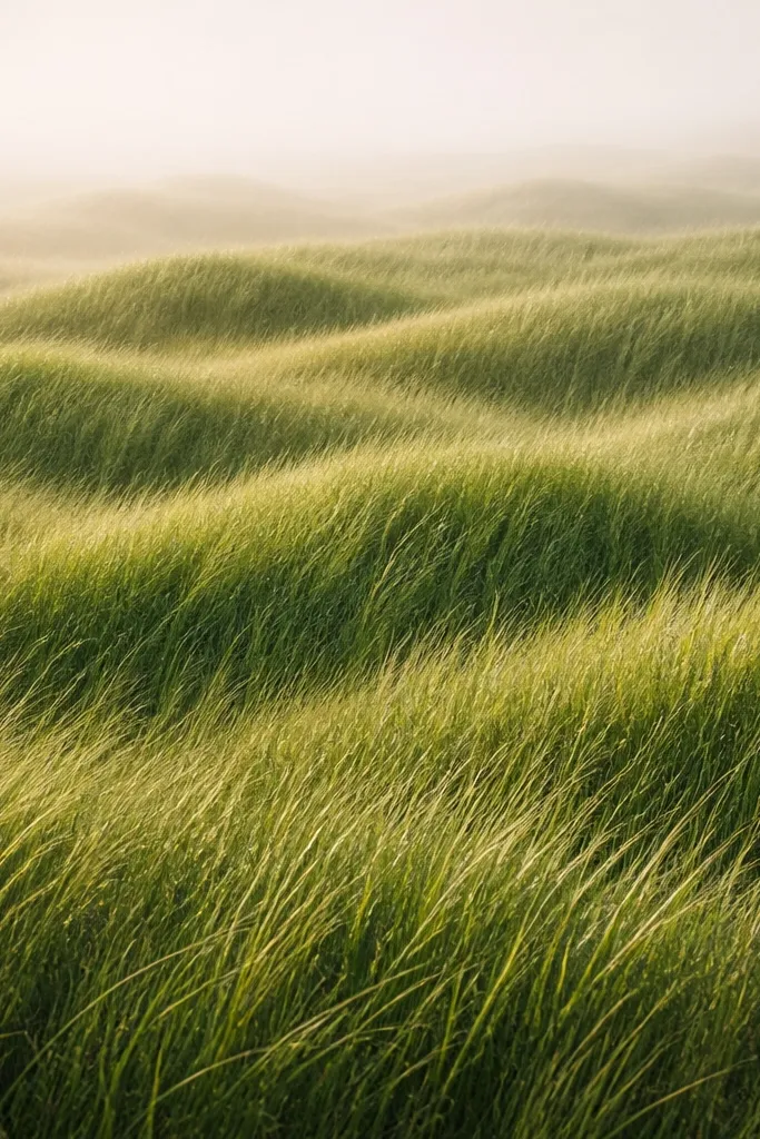 A wide, wave-like grass pattern across the page, with grass blades curving along dune ridges and fading into a lighter top area.