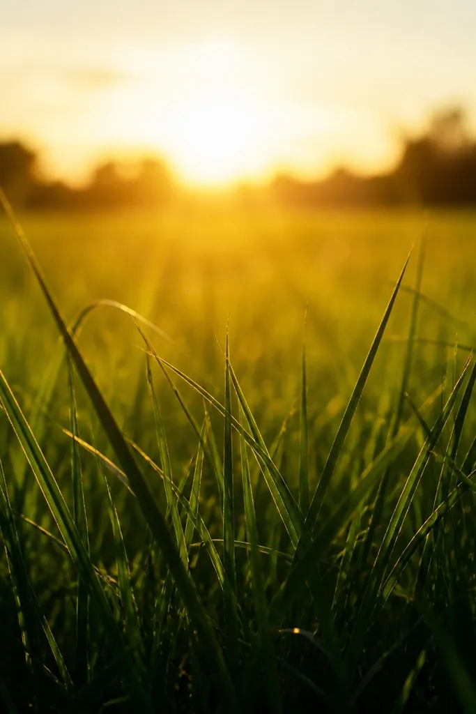 A glowing effect behind the grass where the midground is softened, and the foreground blades are sharp and dark with warm highlights.