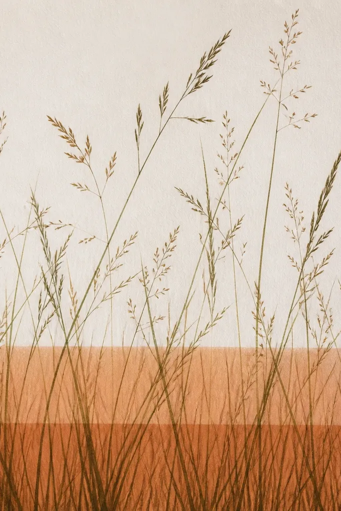 Grass drawn across a page with two horizontal terracotta shadow bands, darker where grass overlaps, lighter above.
