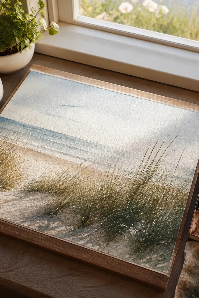 A beach grass drawing on rough, off-white watercolor paper. Thin dark stems rise diagonally, and the top edges show a pale yellow highlight line like sunlight. The background is a soft blue wash with visible paper grain between blades.