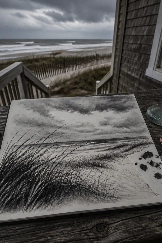 A black-ink beach grass drawing with a dark, moody sky wash. The grass blades are mostly black with a few lighter gray lines, and they tilt sharply as if wind is strong. The sand line is a thin lighter band near the bottom.