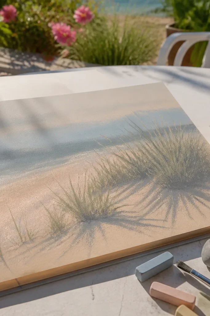 A pastel-style beach grass drawing with pale peach, dusty blue, and light gray. Grass blades are suggested with short strokes and blended edges, with lots of white space between them. The horizon line is faint and the overall look is airy.