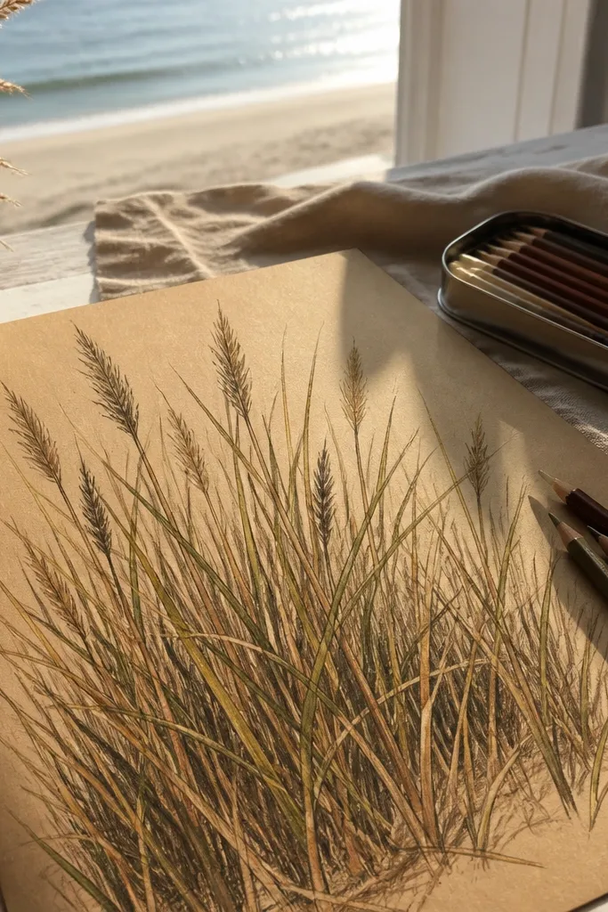 A kraft-brown paper beach scene. Grass blades are drawn in deep brown and muted olive, with lighter tan highlights along the top edges. The sand area is left mostly brown with subtle warm shading.