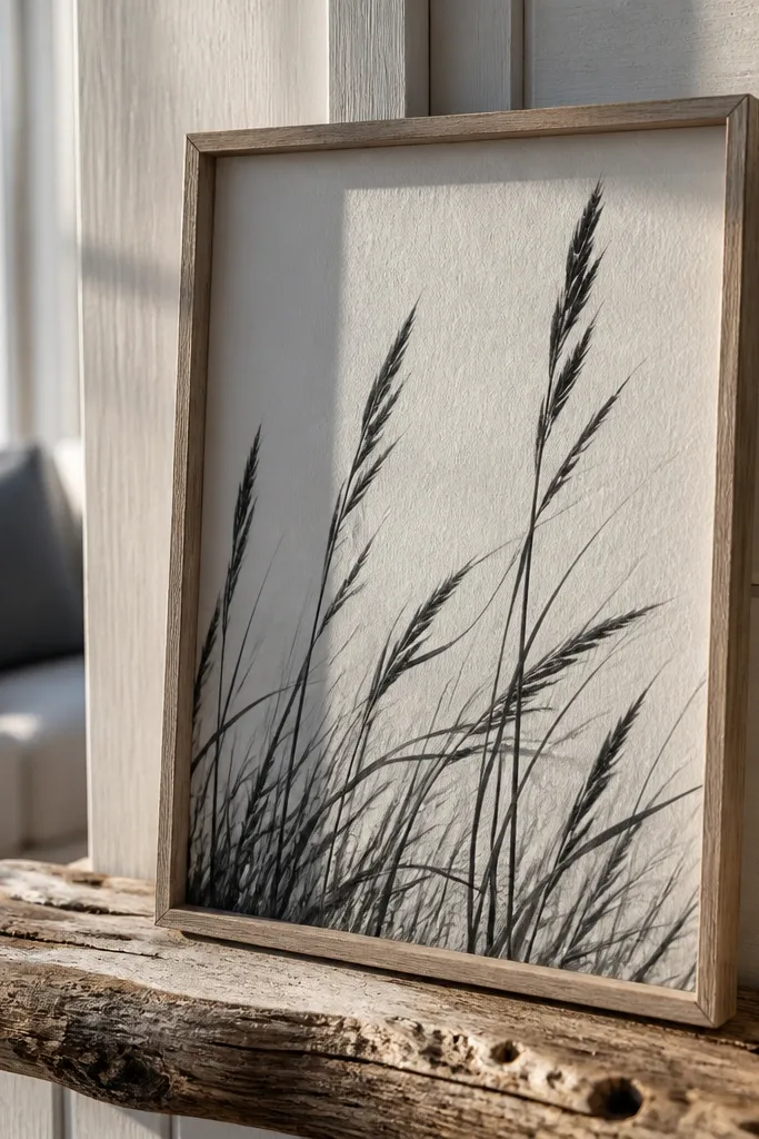 A drawing where some blades are outlined with dark marker, then softened with colored pencil. The grass has sharp, clear stems in the foreground and a blurred, lighter haze in the back. Background is a pale blue wash.