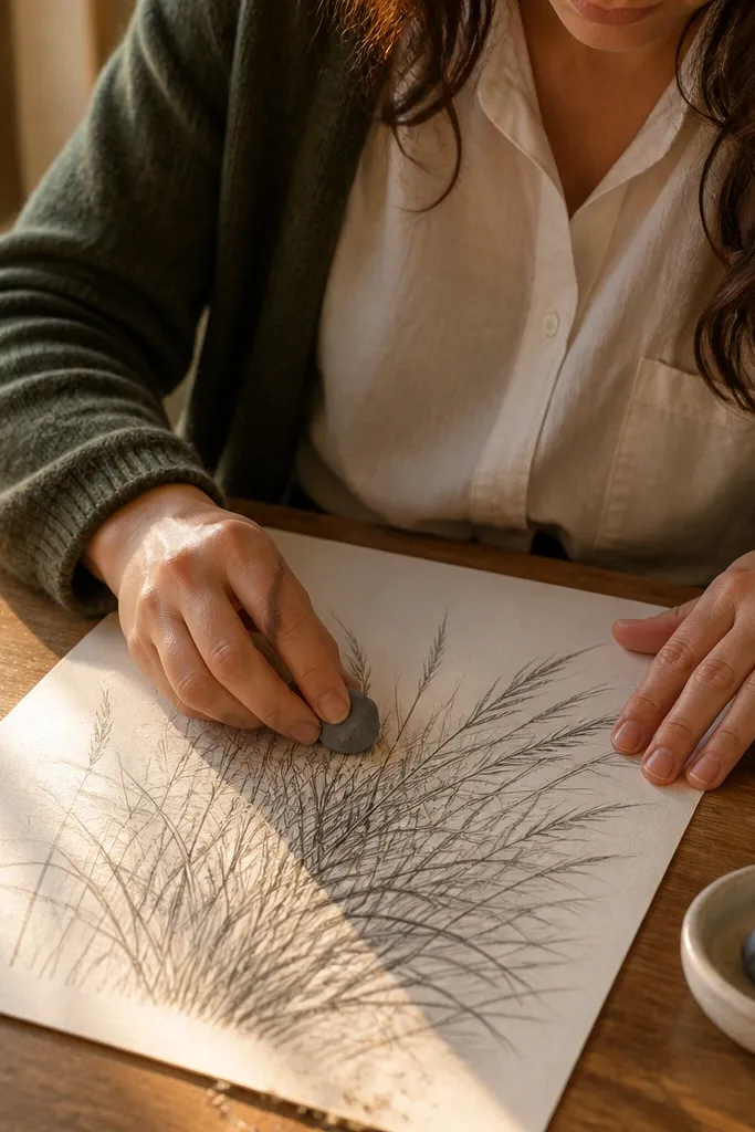 A grayscale beach grass drawing in graphite. The blades are drawn with pencil, and the brightest highlights are created by lifting graphite with a kneaded eraser. Background has a soft smudged haze and the sand line is lighter.
