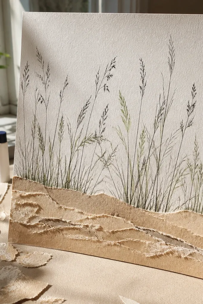 A layered craft piece: torn beige paper forms textured sand at the bottom. Grass blades are drawn on top with ink and pencil, and the background is a soft wash. The torn edges create realistic shoreline texture.