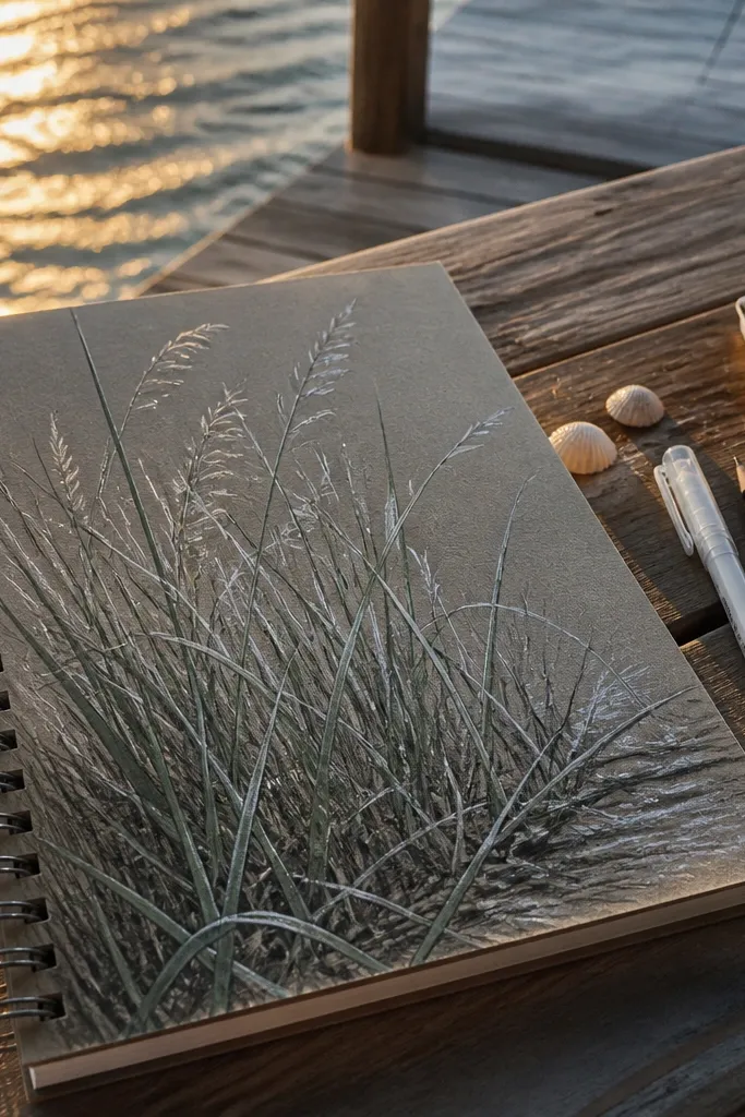 A beach grass drawing with dark green-gray blades and a soft blue background. The brightest parts are thin white gel pen lines running along the top edges of selected blades. A few dots of white suggest sea spray.