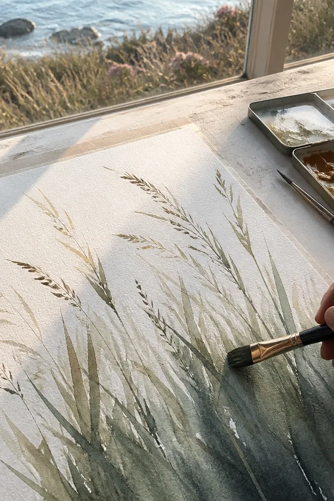 A watercolor piece where the stems are soft and semi-transparent. The tips have dry-brush texture, appearing slightly speckled and lighter. Background is a hazy blue wash with gentle gradients.