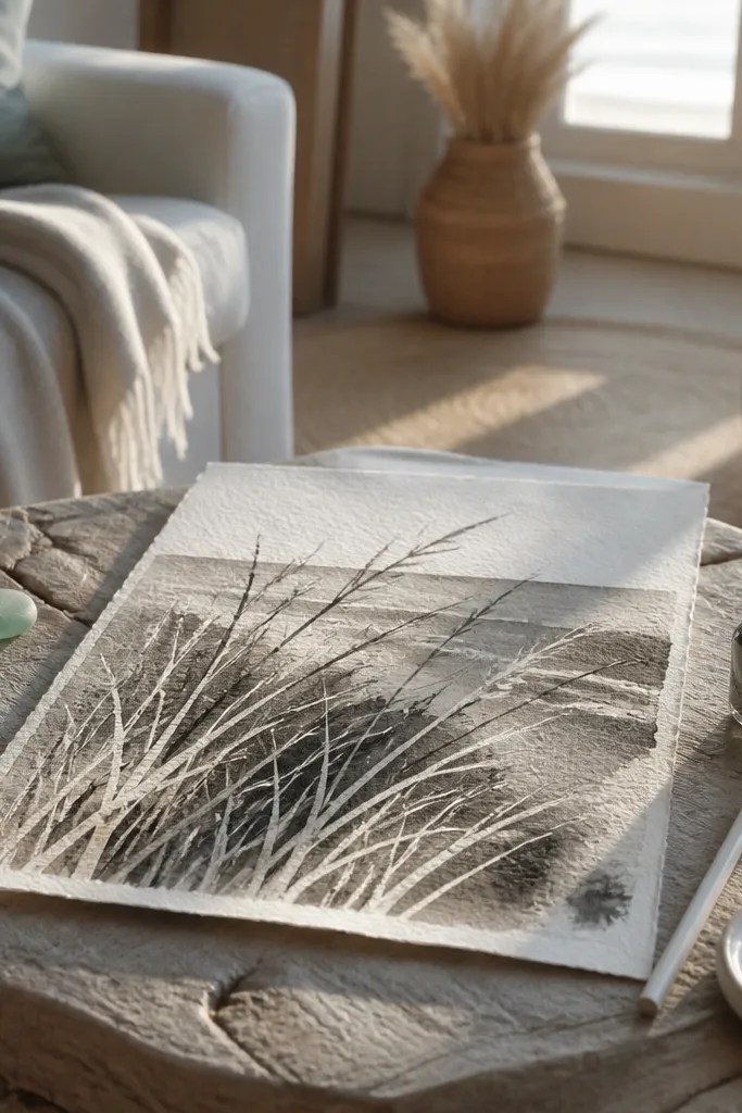 A mostly blue-gray ink wash background with ghost-white grass lines revealed by embossing. A few darker ink layers sit behind the white strokes, making the blades look raised and lit.