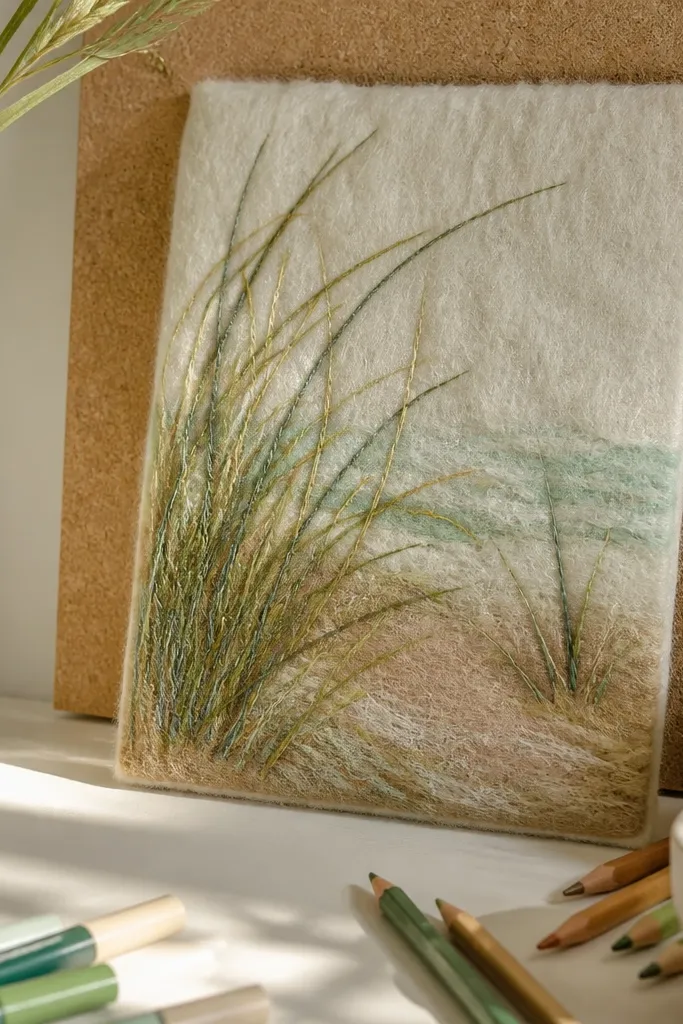 A craft felt board with a fabric background. Grass blades are drawn with felt-tip markers in layered shades, and the felt texture shows through. The foreground blades look darker and more textured than the background.