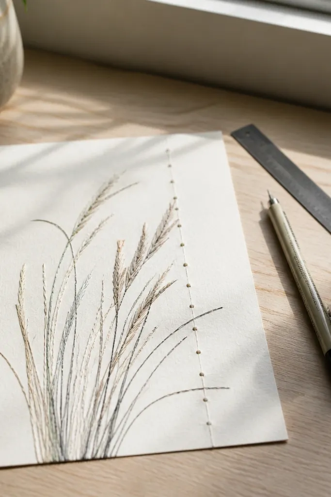 A drawing where grass stems look like thread. The blades have tiny repeated dots or short stitches along their length, creating a tactile line. Background is a soft watercolor wash with a light horizon glow.