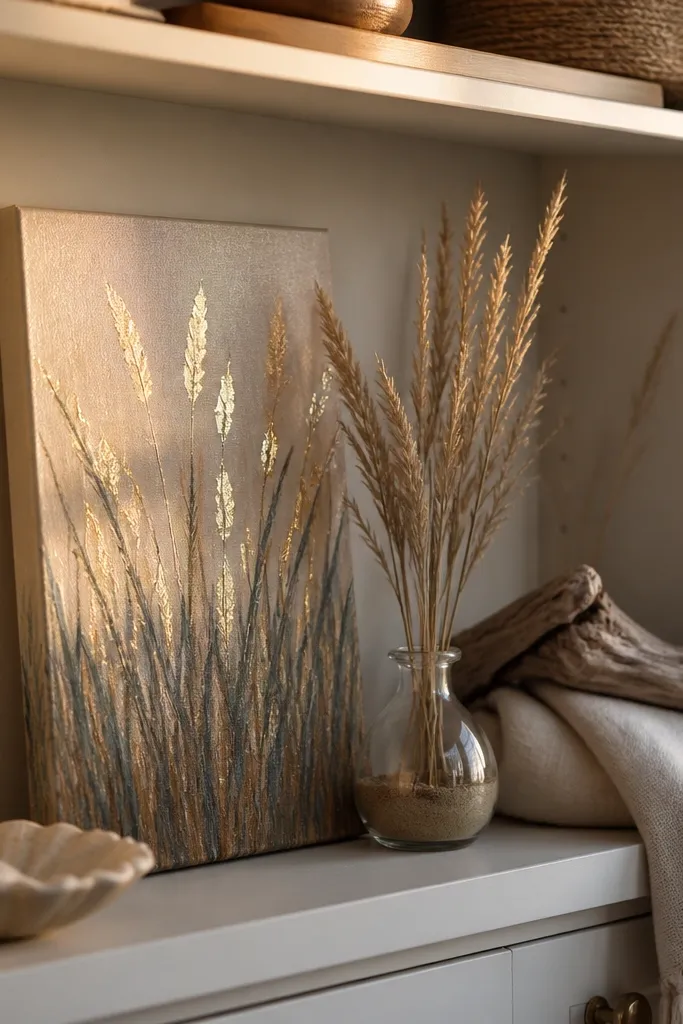 A beach grass drawing with muted teal and sand tones. The grass blades are dark at the base, and thin gold paint lines highlight the top edges. The background has a gentle gradient and a warm sunlit glow near the horizon.