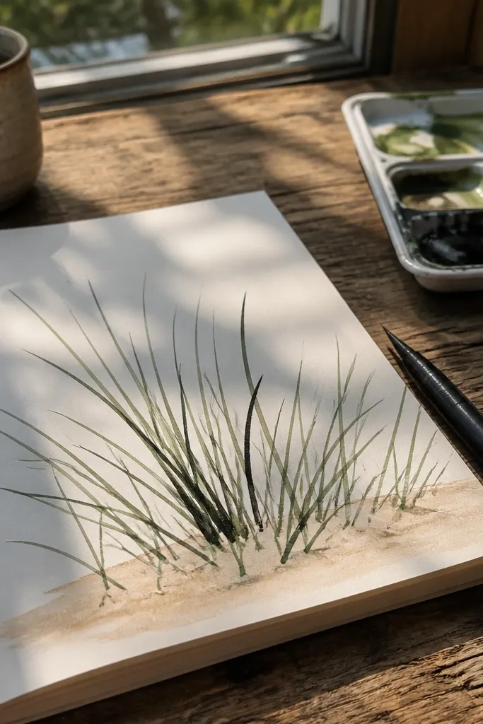 A beach grass drawing with clearly varying blade widths. Some blades are bold and thick at the base, tapering into fine lines. The background is pale and airy, with light gray haze behind the grass.