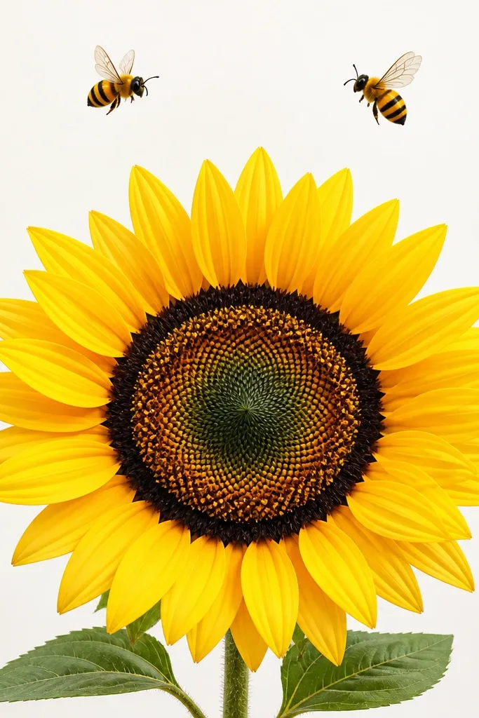 A bright sunflower head drawn with a thick black center ring, yellow petals radiating outward, and two small bees flying above it with simple oval bodies, three stripe bands, and two teardrop wings.