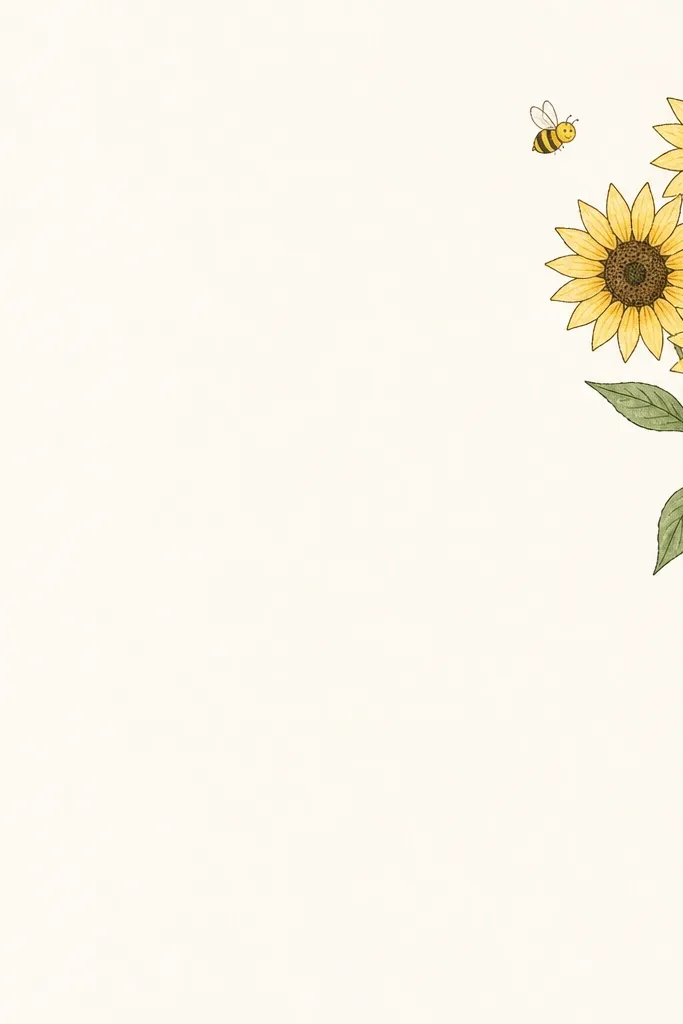 A small bouquet drawn in the top-right corner: three sunflowers with simple petal outlines, green stems, and one smiling bee hovering near the blooms with a tiny mouth line and striped body.