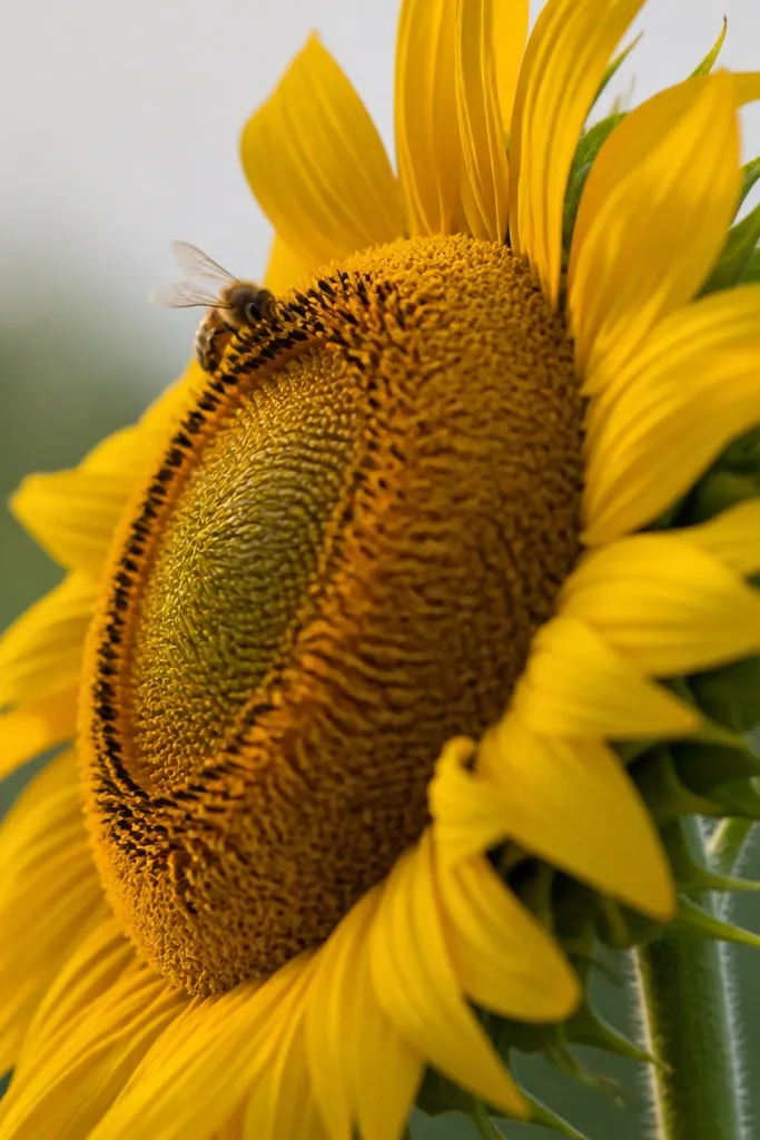 A sunflower head shown in a side angle with a thick seed center, and a bee perched on the rim with legs drawn as two short lines and wings angled upward.