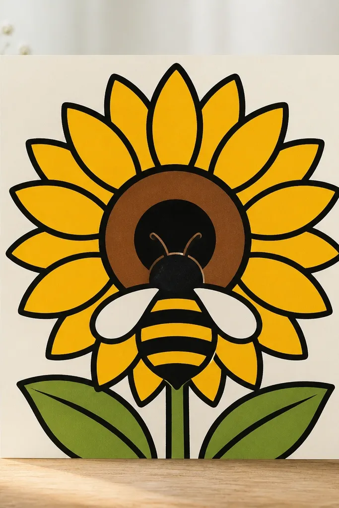 A thick-outlined sunflower with a bold ring center and a bee placed in front, with oversized stripe bands and minimal wing detail like two simple curves.