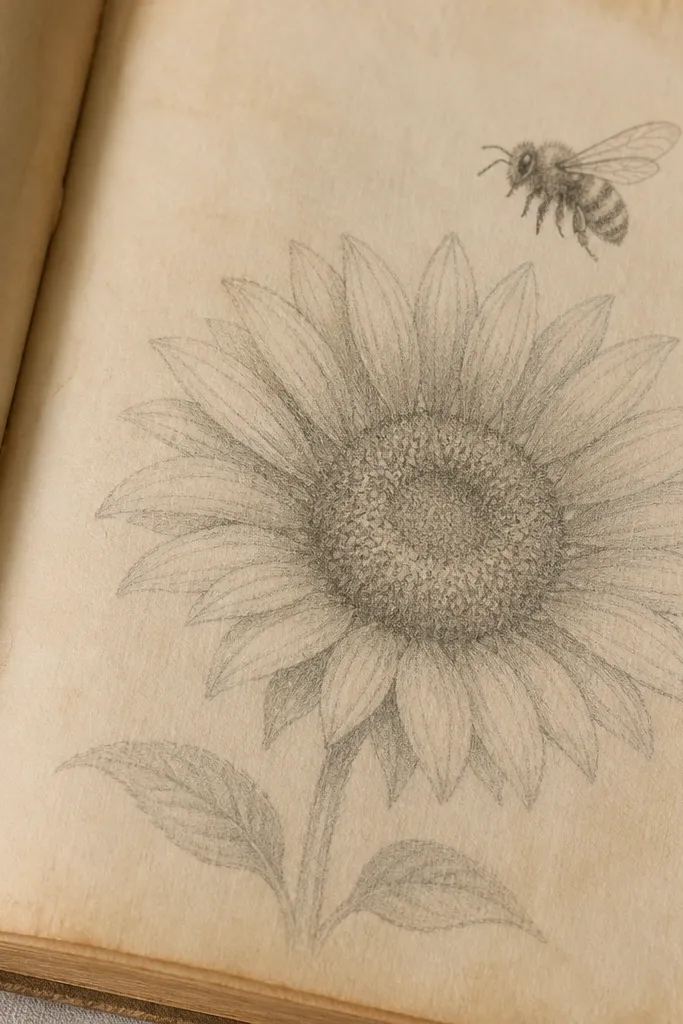 A faint graphite sunflower and bee drawn on aged book paper, with soft shading dots in the seed center and light pencil wings for the bee.