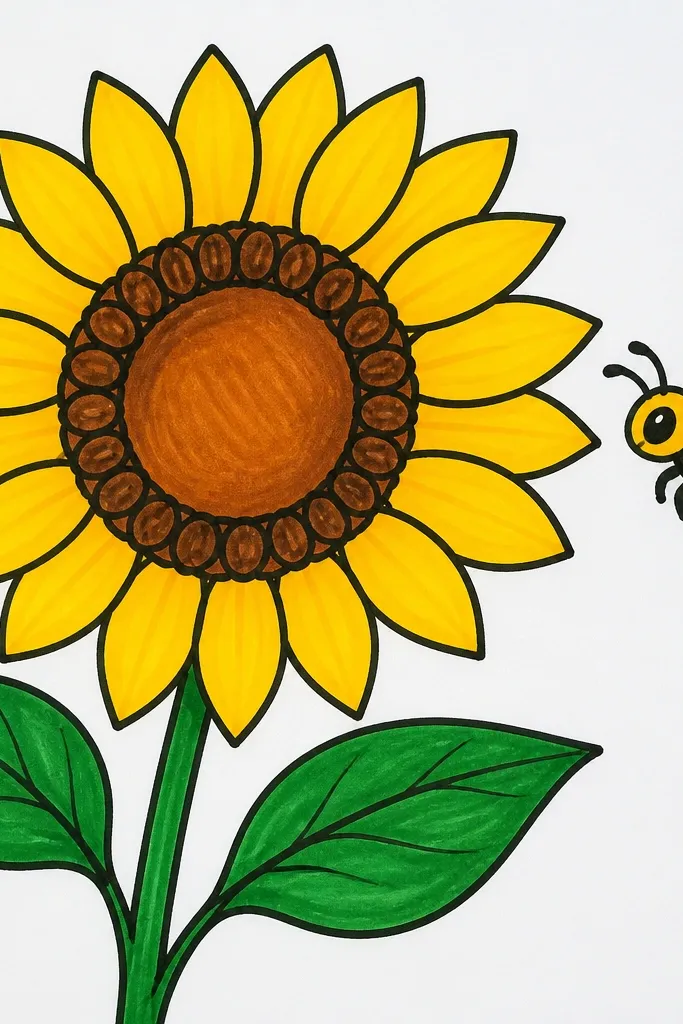 A bright marker drawing of a sunflower with a simple seed ring and a bee beside it, all outlined in black marker with minimal internal texture.