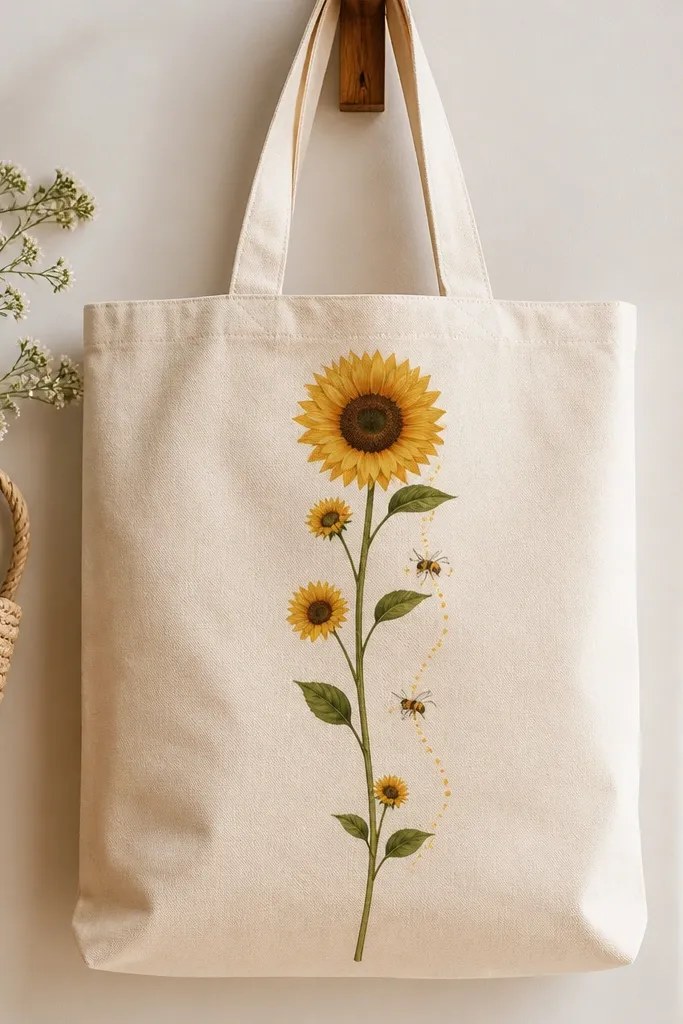 A tote bag design with one tall sunflower stem running vertically, small sunflowers along it, and a trail of three bees following the stem with dotted pollen marks.